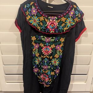 Embroidered Black Dress with Colorful Floral Design